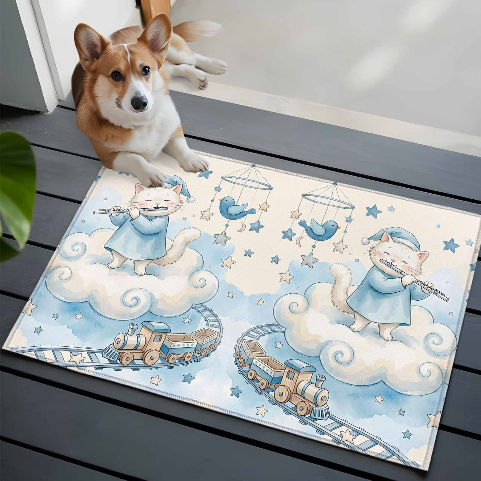 Cat Front Door Rugs 2x3 ft Cartoon Blue Hat Cat Cloud Train Track Bird ...