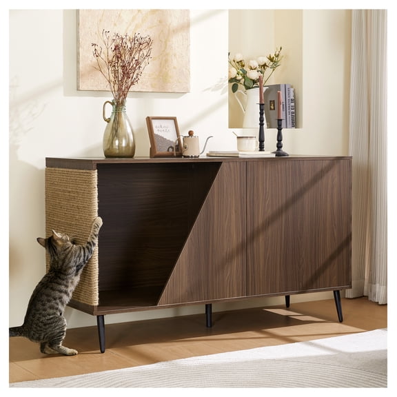 Cat Furniture 2 IN 1 Modern Walnut Cabinet Side Table With Spring-Loaded Door, Cat Litter Box Enclosure with Sisal Cat Scatcher