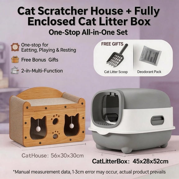 Cat Furniture Bundle, Multi‑Style Wooden Cat House   Fully Enclosed Odor‑Control Litter Box, 2‑In‑One Combo with Free Litter Scoop & Deodorant Pack for Indoor Cats