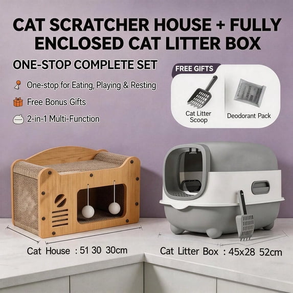 Cat Furniture Bundle, Multi‑Style Wooden Cat House + Fully Enclosed ...