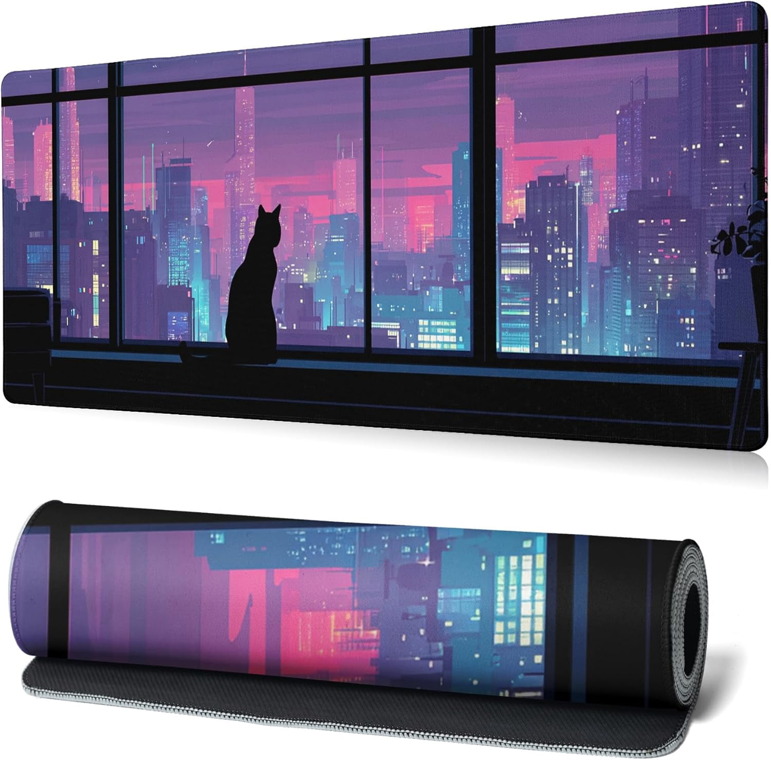 Cat Gaming Mouse Pad Abstract Kawaii Mouse Pad 31.5x11.8 Inch Cute Japanese Anime Desk Mat Non-Slip Rubber Base Large Mousepad Stitched Edges Keyboard Mouse Mat Desk Pad for Office and Home