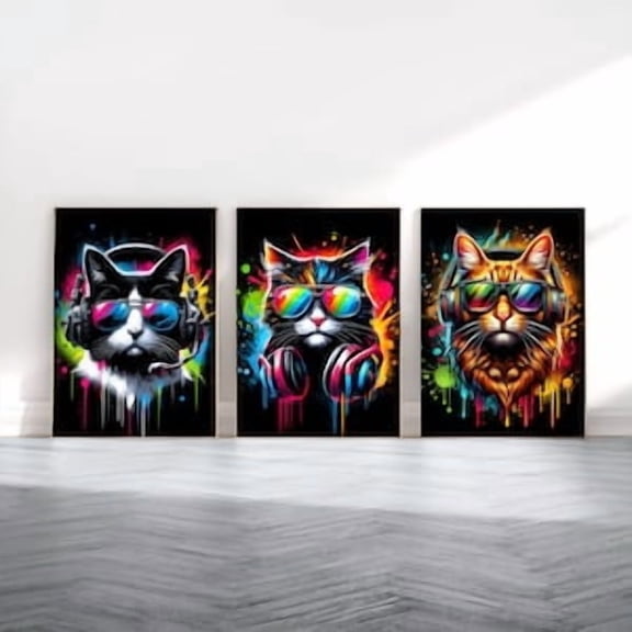 Cat Gaming Print Set - 3 Vibrant Gamer Posters, Boys Bedroom Decor, Gift Artwork, Girls Gaming Room, Kids Video Game Wall Art Prints, Poster Only