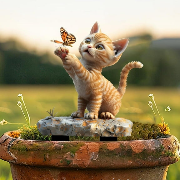 Cat Garden Decor Outdoor Stakes 2D Flat Chasing Butterfly Acrylic Animal Accent for Lawn Pathway Holidays Backyard Balcony fitting