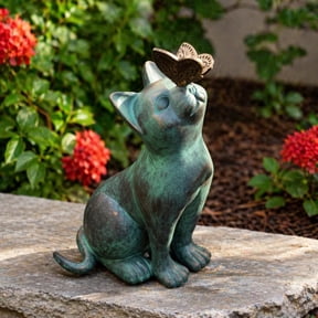 Cat Garden Statue with Butterfly Resin, Whimsical Antique Green Outdoor Cat Sculpture for Yard and Patio, Waterproof Fade Proof Resin Decor for Flower Bed and Tabletop, Cat Lover Holiday Gift