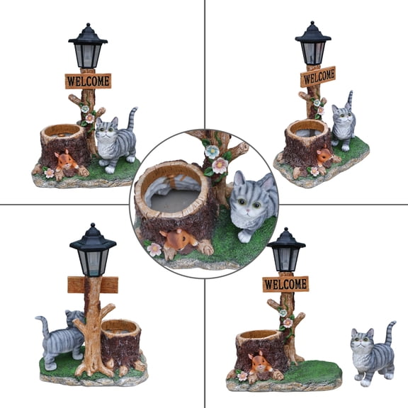 Cat Garden Statue with Solar Lantern and Built-In Planter, Resin Outdoor Yard Decor