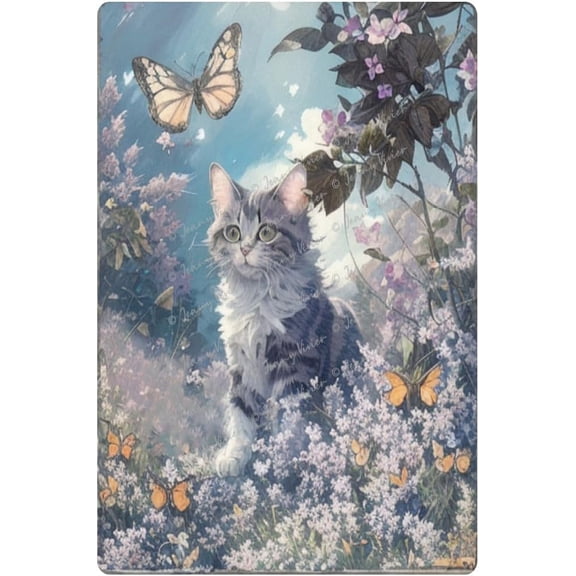 Cat in The Garden Vintage Tin Sign Into the Garden Flower Wall Art Posters Prints, Flower Pictures for Bedroom Wall Decor,Kitty Lovers Gift, Nursery Decor 5.5x8 Inches