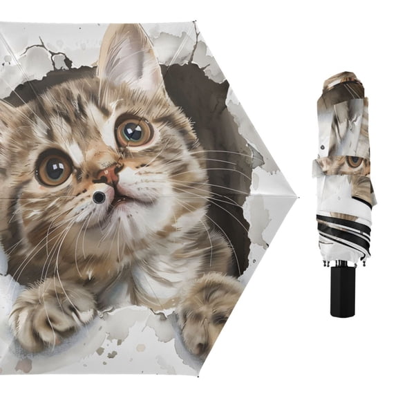 Cat Get Out From Wall Hole All Weather Umbrella Triple Folding Parasol 6 Ribs UV Protection Portable