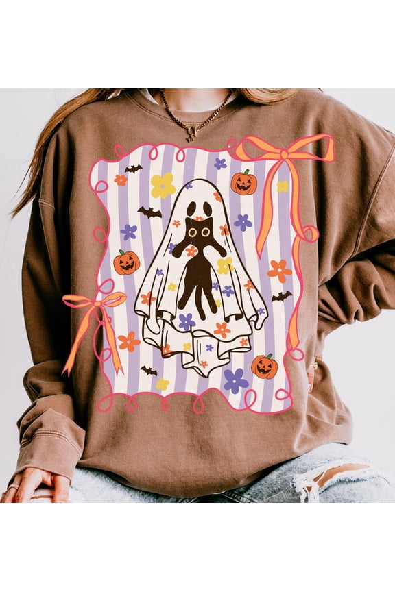 Cat & Ghost Halloween Sweatshirt– Preppy Boho Floral Tee – Pastel Spooky Aesthetic – Cute Fall Outfit for Women, Teens & Halloween Lovers