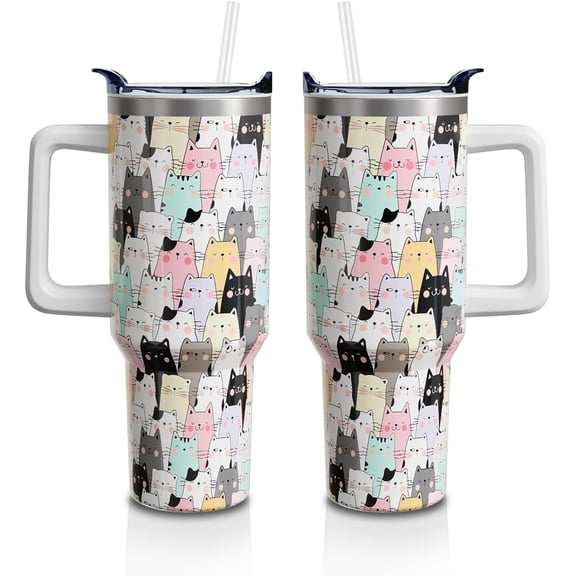 40oz Cat-Themed Tumbler with Handle and Straw Lid - Stainless Steel Vacuum Insulated Cup - Perfect Gift for Cat Lovers