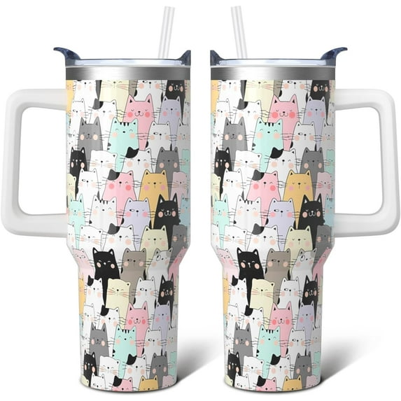 Cat Gifts 40 Oz Tumbler with Handle and Lid Straw, Cute Stainless Steel Double Walled Vacuum Insulated Cup, Cats Lover Birthday Gifts for Women Men