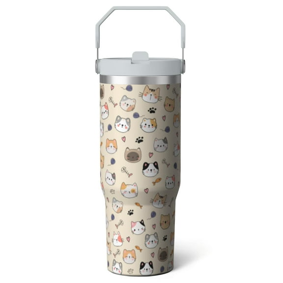 Cat Gifts Cup for Women Girls, 30oz Tumbler with Top Handle and Flip Straw, Stainless Steel Insulated Mug Water Bottle, Cute Cats Lover Birthday Gift Idea for Him Her
