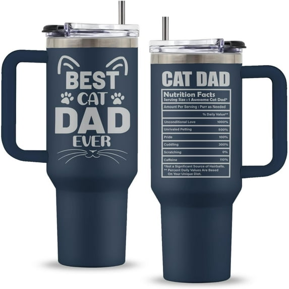 Cat Gifts for Lovers, 40 Oz Best Cat Dad Ever Laser Engrave Tumbler with Handle & Straw, Animal Lover Gifts, Kitty Birthday Gift, Stainless Steel Animal Tumbler