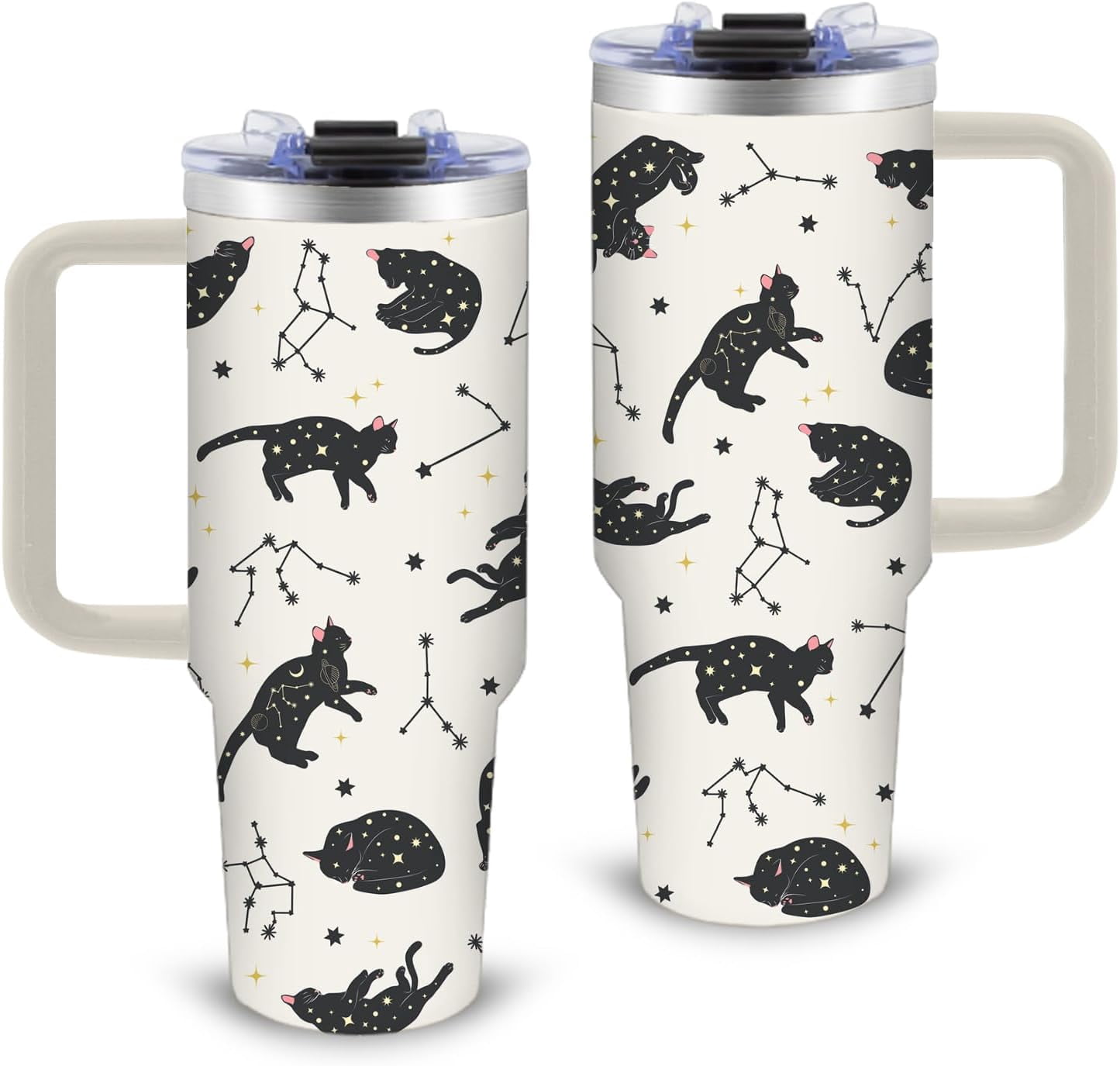 Cat Gifts for Women - Funny 30oz Black Cats Tumbler with Handle and Straws Stainless Steel Insulated Travel Coffee Mugs, Constellation Cat Themed Cups for Cats Lovers Birthday Christmas Gifts Cup