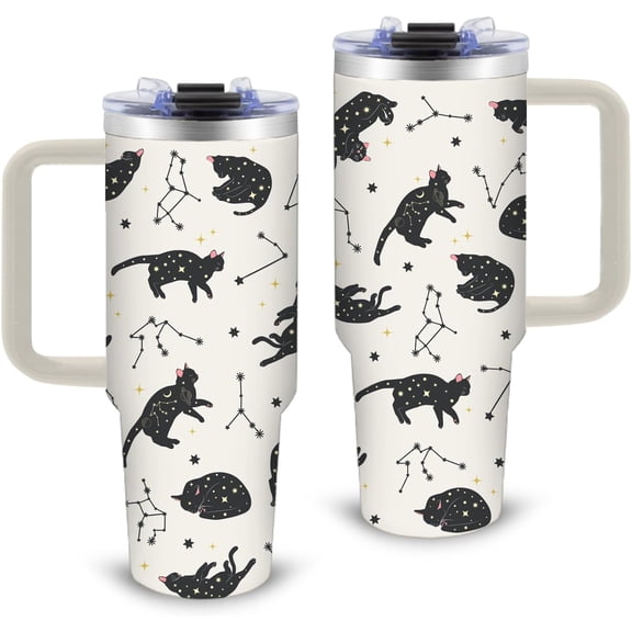 Cat Gifts for Women - Funny 30oz Black Cats Tumbler with Handle and Straws Stainless Steel Insulated Travel Coffee Mugs, Constellation Cat Themed Cups for Cats Lovers Birthday Christmas Gifts Cup