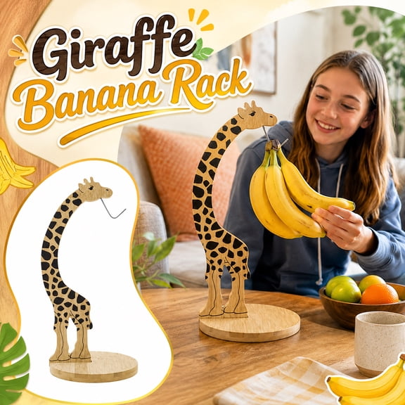 Cat & Giraffe Banana Holder Stand – Natural Bamboo Banana Hanger with Stainless Steel Hook, Decorative Fruit Stand for Kitchen Countertop, Even Ripening, Quirky Home Decor Giraffe