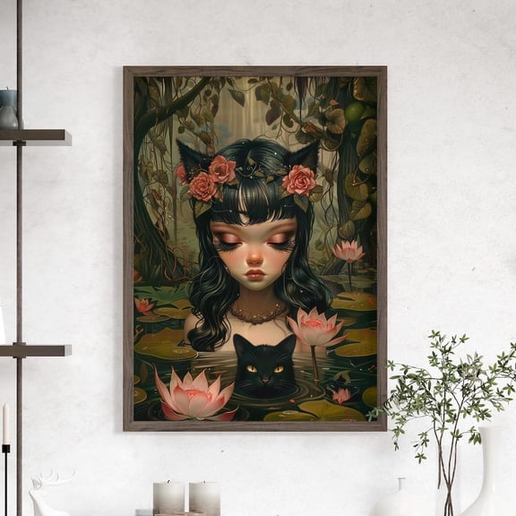 Cat Girl Lotus Wall Art Whimsigoth Floral Decor, Unframed Paper Print Size 8x12