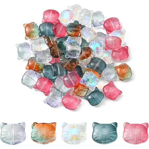 Cat Glass Beads 50pcs, 3D Cat Head Lampwork Charm Beads Bulk for Jewelry Making, Mixed Iridescent Colors with 1mm Hole for Bracelets Necklace Crafts