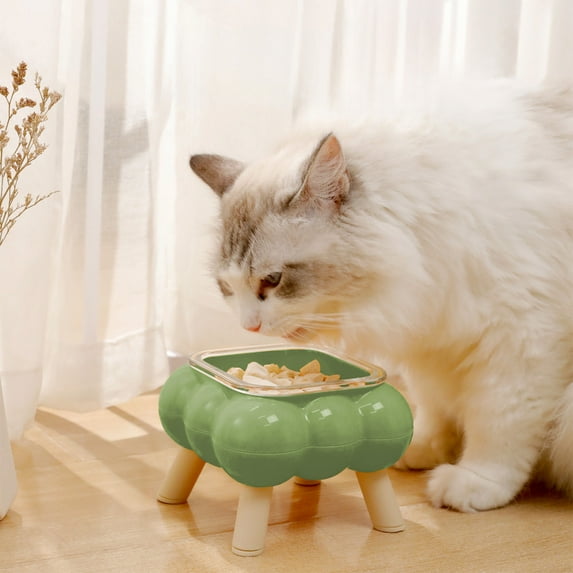 Cat Glass Bowl Elevated Neck Protection | 10.5cm Wide | Easy Clean Spill-Resistant Green or Yellow | 300ml Food Water