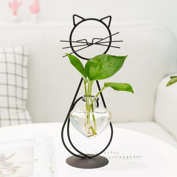 Cat Glass Planter Vase Holder, Plant Terrarium, Propagation Station, Metal Stand for Hydroponics Plants Home Garden Wedding Decoration Outdoor Planter Ideas Modern Creative