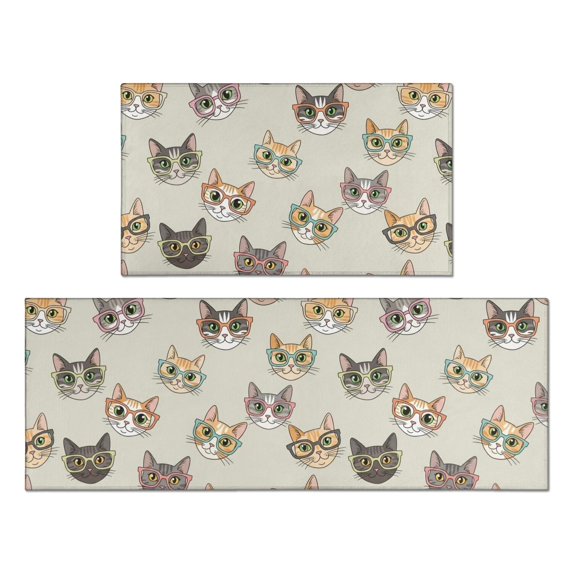 Cat with Glasses Beige Pattern Anti Fatigue Kitchen Rugs Set Of 2, Non Slip Washable Decorative Floor Mats for Kitchen Sink Laundry, 17"x30" and 17"x47"