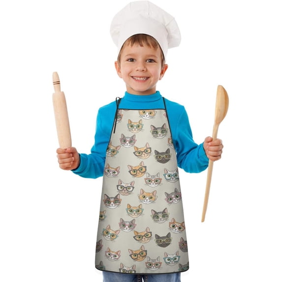 Apron Patern Cat with Glasses Beige Pattern Kids Waterproof Apron, Kids Baking Apron ...