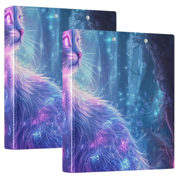 Cat Glowing Neon Hair 3 Ring Binders 1.5 inch Hardcover File Folders with Interior Pockets A4 Size Organizer for School Office Hospital Set of 2
