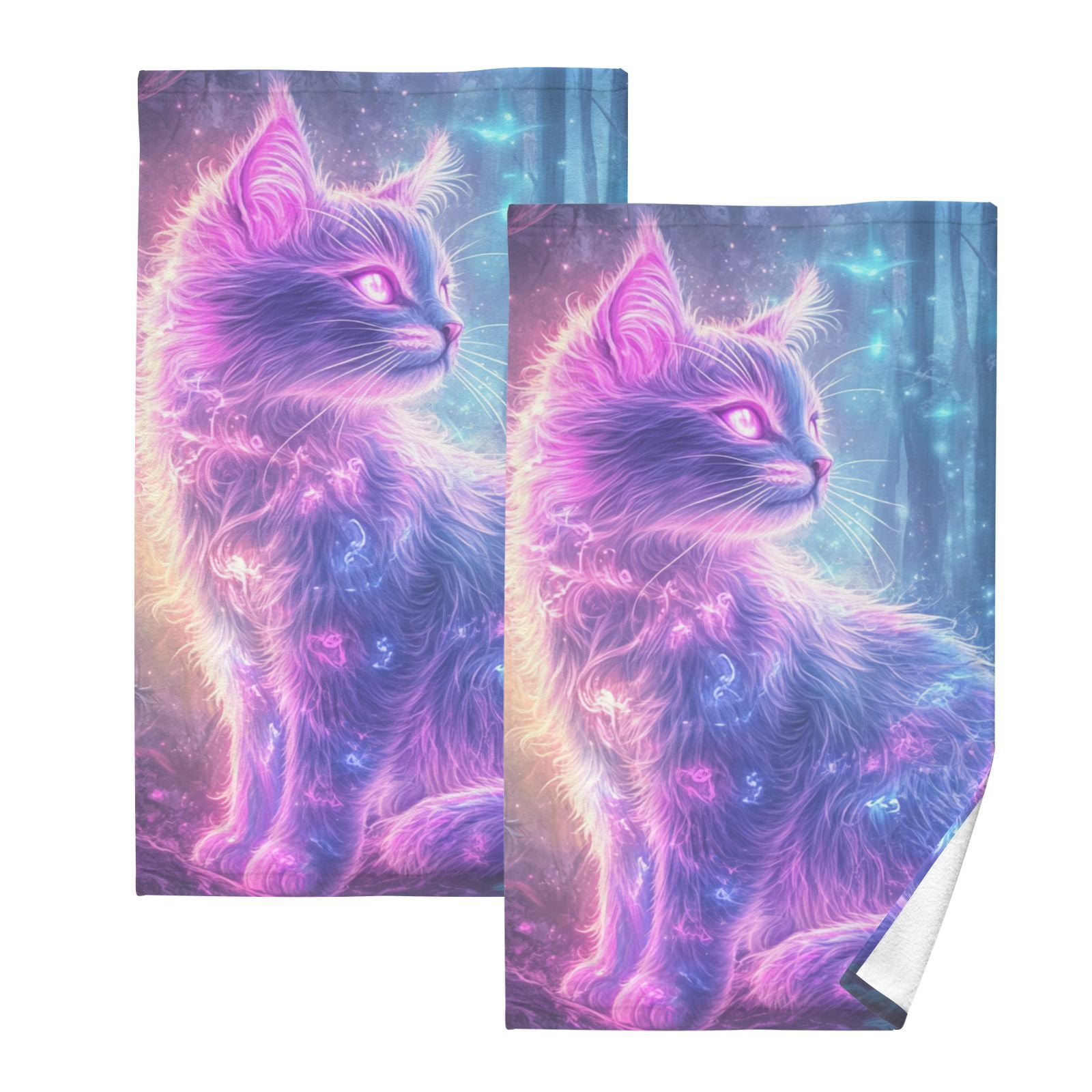 Cat Glowing Neon Hair Hand Towels Cotton Bath Towels Large Face Towels Absorbent for Bathroom 2 Packs