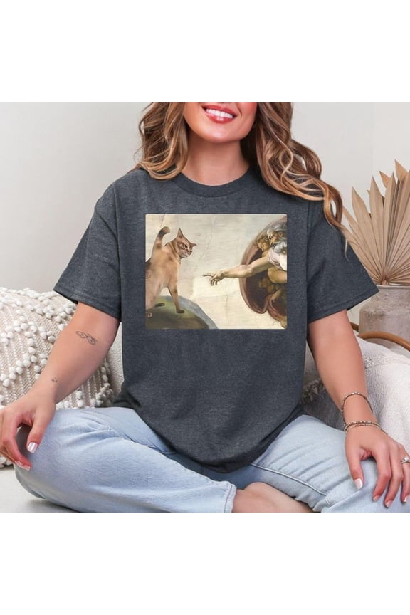 Cat God Creation Of Adam Shirt Men’s And Women’s Graphic Tee 100% Cotton by TBun, Full Sizes S-5XL