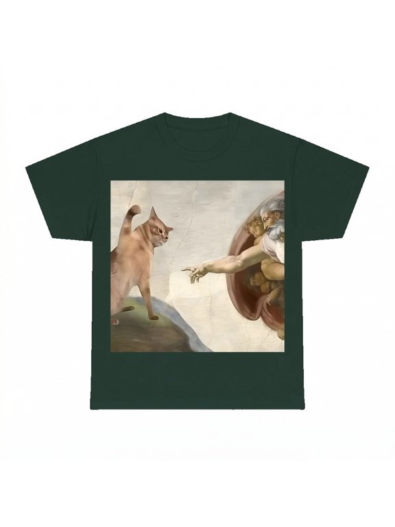 Cat God Creation of Adam Meme T-Shirt, Funny Classic Art Cat Lover Tee, Forest Green, XL