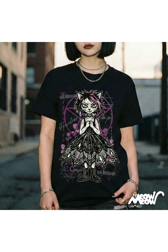 Cat Goth Girl T-Shirt Gothic Style Dark Fantasy Graphic Tee for Women