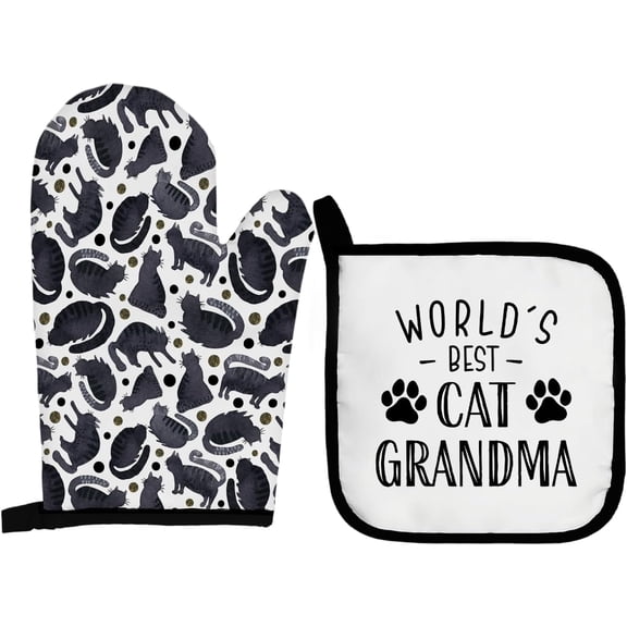 Cat Grandma Oven Mitts and Pot Holders Sets, Black Cat Oven Mitts, Cat Grandma Gifts,World''s Best Cat Grandma Over Mittens for Kitchen Decor,Cat Kitten Kitchen Over Gloves Gifts for Women Girls