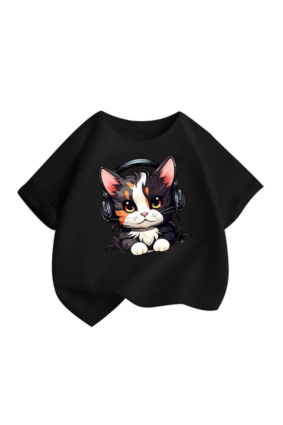 Cat Graphic T Shirts for Kids Girl Boy Fall Summer Short Sleeve Crew Neck Casual Kawaii Tops Shirt Kid 2026 Clothes Trendy Country Concert