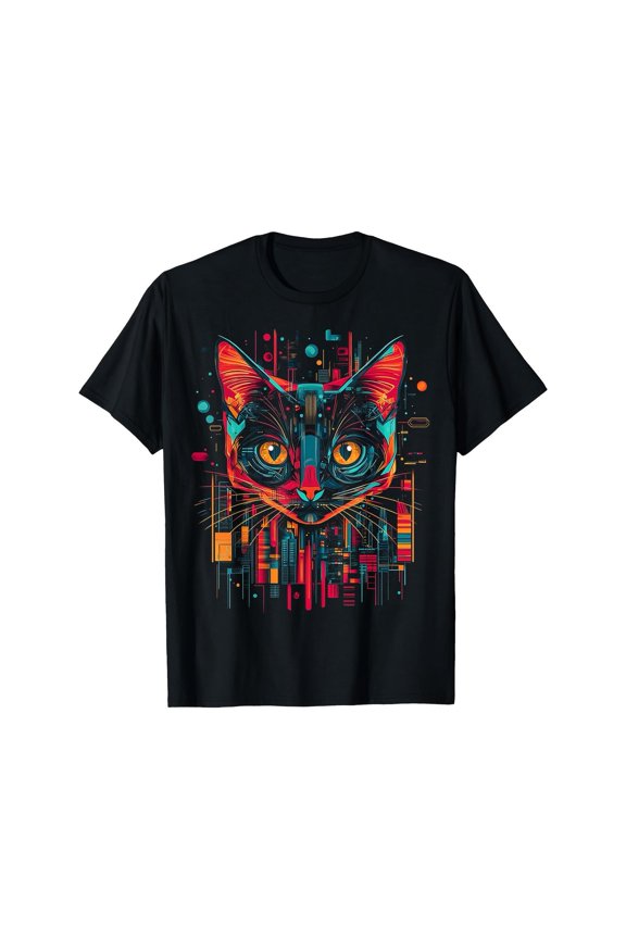 Cat Graphic Tee Top Vibrant Geometric Cat Face Design Cotton Short Sleeve Comfortable Black S-5XL