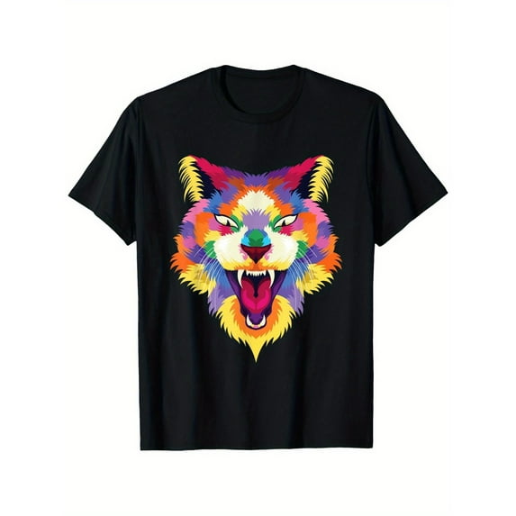 Cat Graphic Tee Vintage T-Shirt Top Cotton Fashion Casual Short Sleeve Round Neck Shirt Black S-5XL