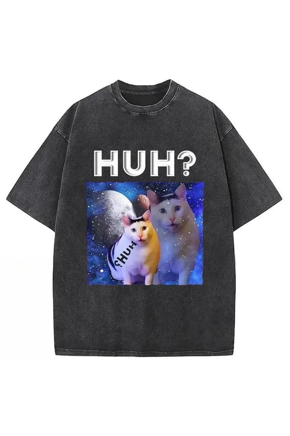 Cat Graphic Tee Vintage Washed T-Shirt Top, Cotton Casual Short Sleeve Shirt Black S-2XL Plus Size