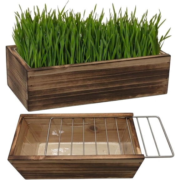 Cat Grass for Indoor Cats - Wooden Planter with Anti-Digging Protect Design Complete Kit with Seeds, Potting Soil Disks, Planting Tools, Natural Fresh Wheat Grass for Hairball Control