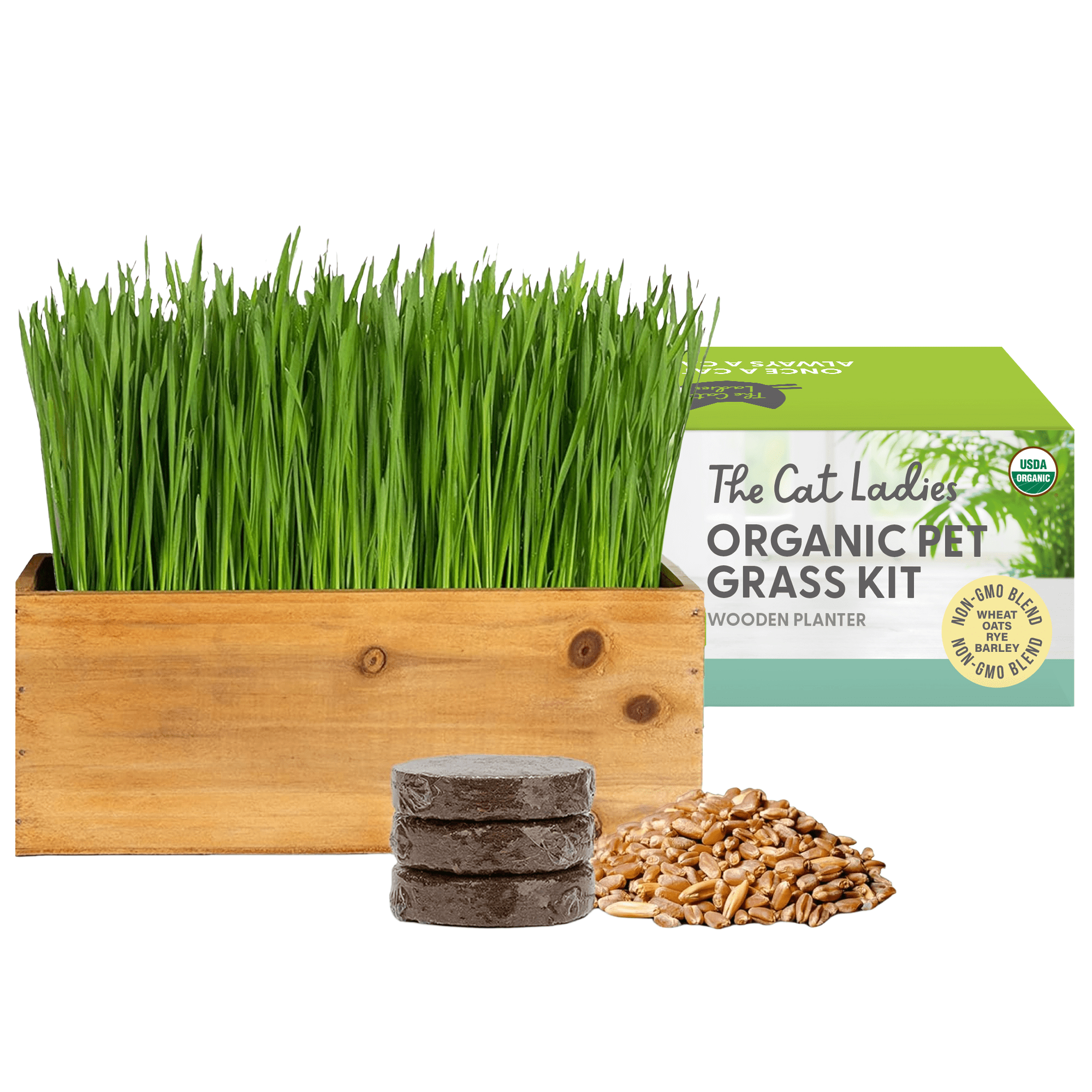 The Cat Ladies Cat Grass Kit complete with Rustic Wood Planter, Organic Seed and Soil. Easy to Grow