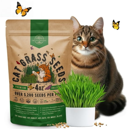 Cat Grass Seeds Mix - 5,200 Non-GMO Heirloom Seeds for Cats & Pets, 4 oz Pack for Growing Fresh Barley, Oat, Rye & Wheat Grass Seeds for Planting, Indoor Plants for Pets, Resealable Bag – USA Grown
