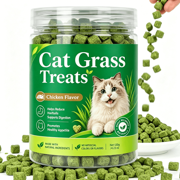 Cat Grass Treats, Freeze Dried Feline Snack & Cat Grass for Indoor Cats, Healthy Green Edible Plant Sticks, Helps with Daily Digestive Support & Hairball Management, Natural Pet Ingredients