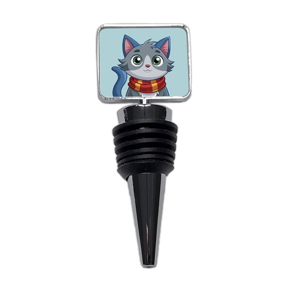Cat Gray Wearing Winter Scarf Wine Bottle Stopper Cap Plug