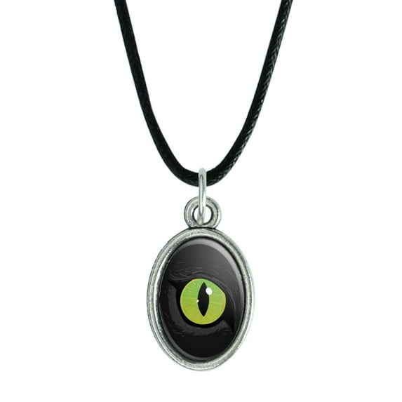 Cat Green Eye Antiqued Oval Charm Pendant with Black Satin Cord