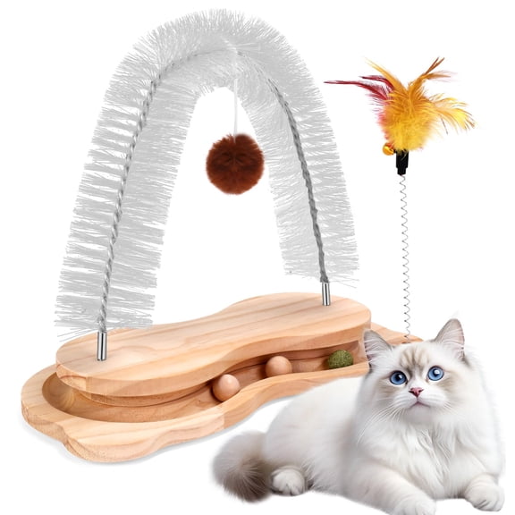 Cat Groomer Brush Scratcher Arch with Interactive Track Ball for Indoor Cats