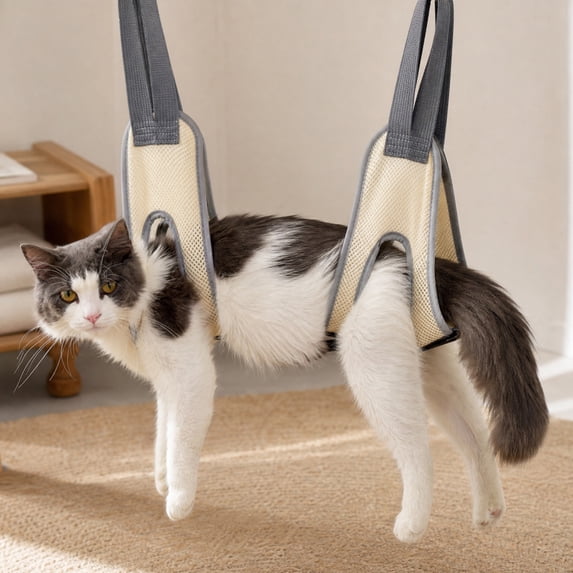 Cat Grooming Hammock, Suspended Scratch Bite Resistant Sling for Nail Trimming Bathing, Secure Comfortable Pet Care Holder Gray