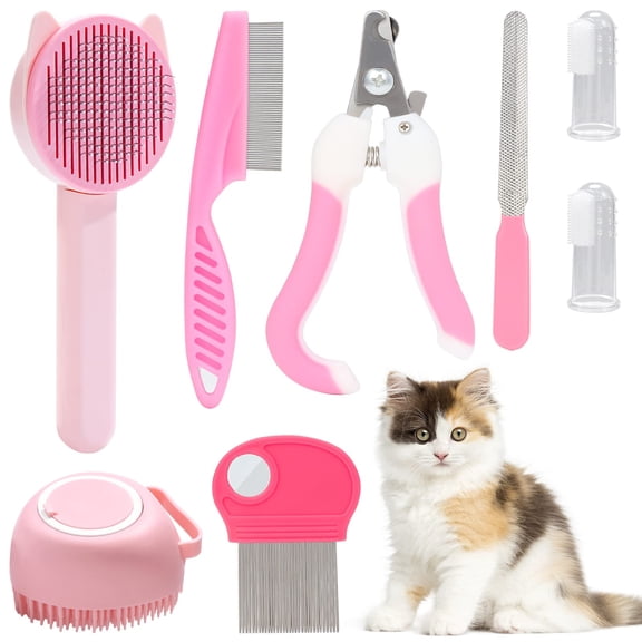 Cat Grooming Kit 8 Pcs, Pet Self Cleaning Set with Nail Clipper & File, Flea Comb, Shampoo Bath Brush, Shedding Brush, Silicone Toothbrush for Home Use, Pink