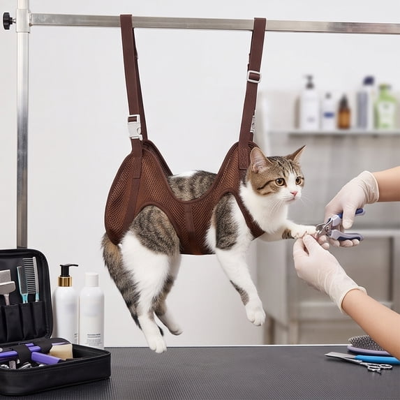 Cat Grooming Sling Hanging Restraint Bag Breathable Hands Free Suspended Support for Cats Small Dogs Bathing Nail Trimming Ear Cleaning Scratch Proof(Coffee-XS)