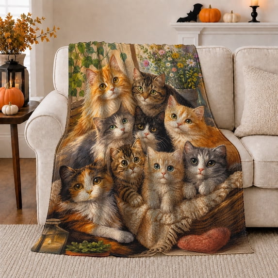 Cat Group Portrait Rustic Garden Scene Whimsical Illustrative, Cozy Pet Portrait Pattern, Warm Flannel Blanket for Living Room and Reading Nook, Cat Lovers Friendship Gift, Pet Lover Home Decor