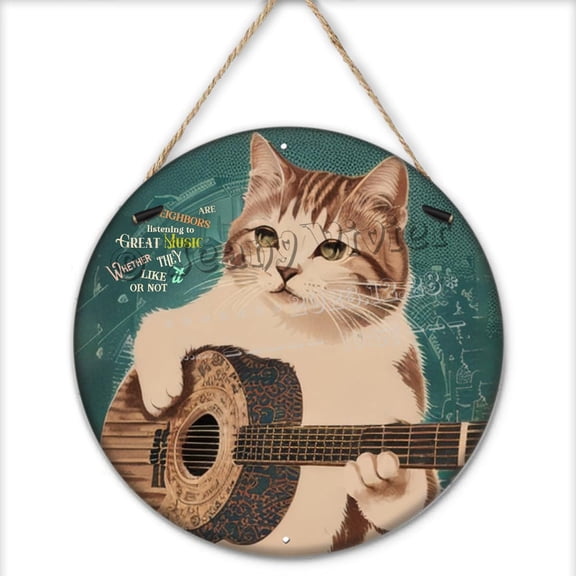 Cat Guitar Rock Round Wooden Sign,I Play Guitar and I Know Things Poster,Vintage Pop Music Style Cafe Home Wall Decor,Cat Gifts for Cat Lovers, Music Lovers 12x12 inches