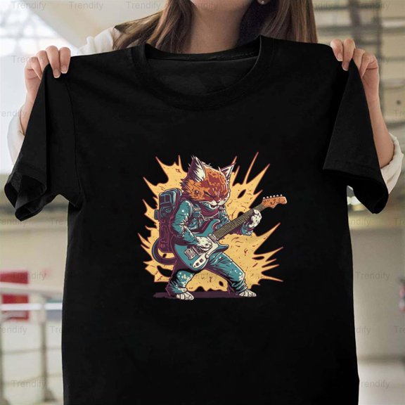 Cat Guitarist Funny Feline Musician Music Lover Pun Humor Unisex T-Shirt, up to size 5XL