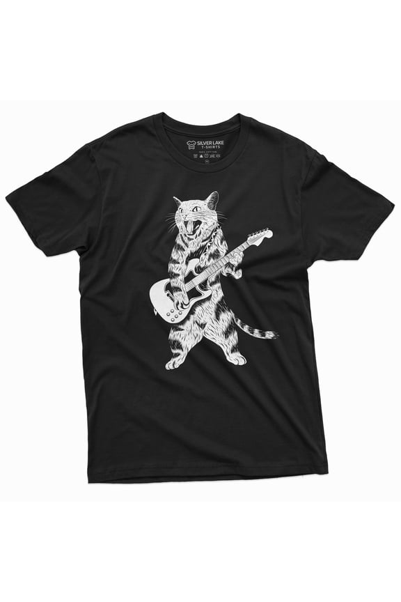 Cat Guitarist Rock Music Tee Band Jazz Country Guitar T-Shirt Funny Musical Pet Tshirt (Large Black)