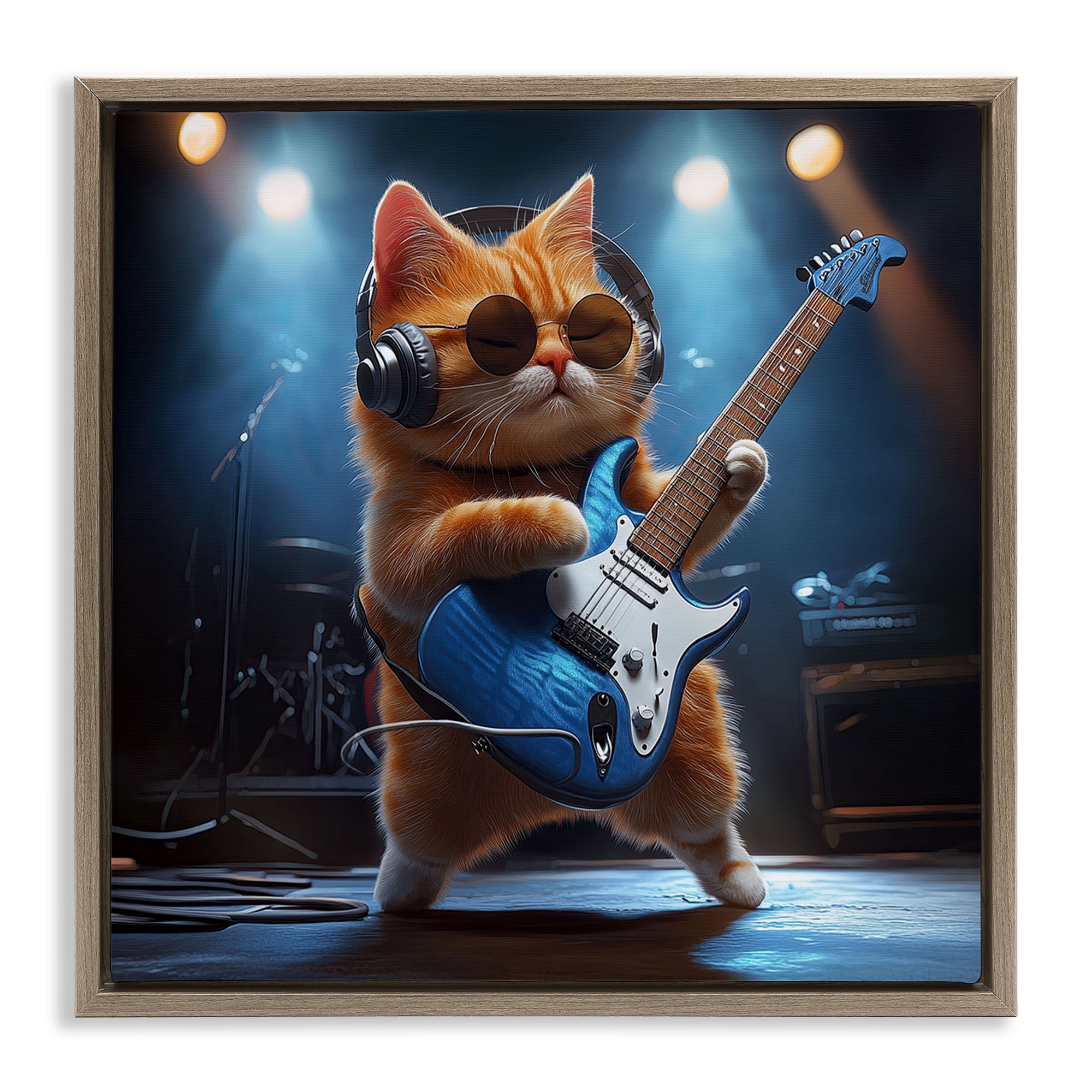 Cat Guitarist in Band Brown Framed Floater Canvas Wall Art, design by Jim Baldwin